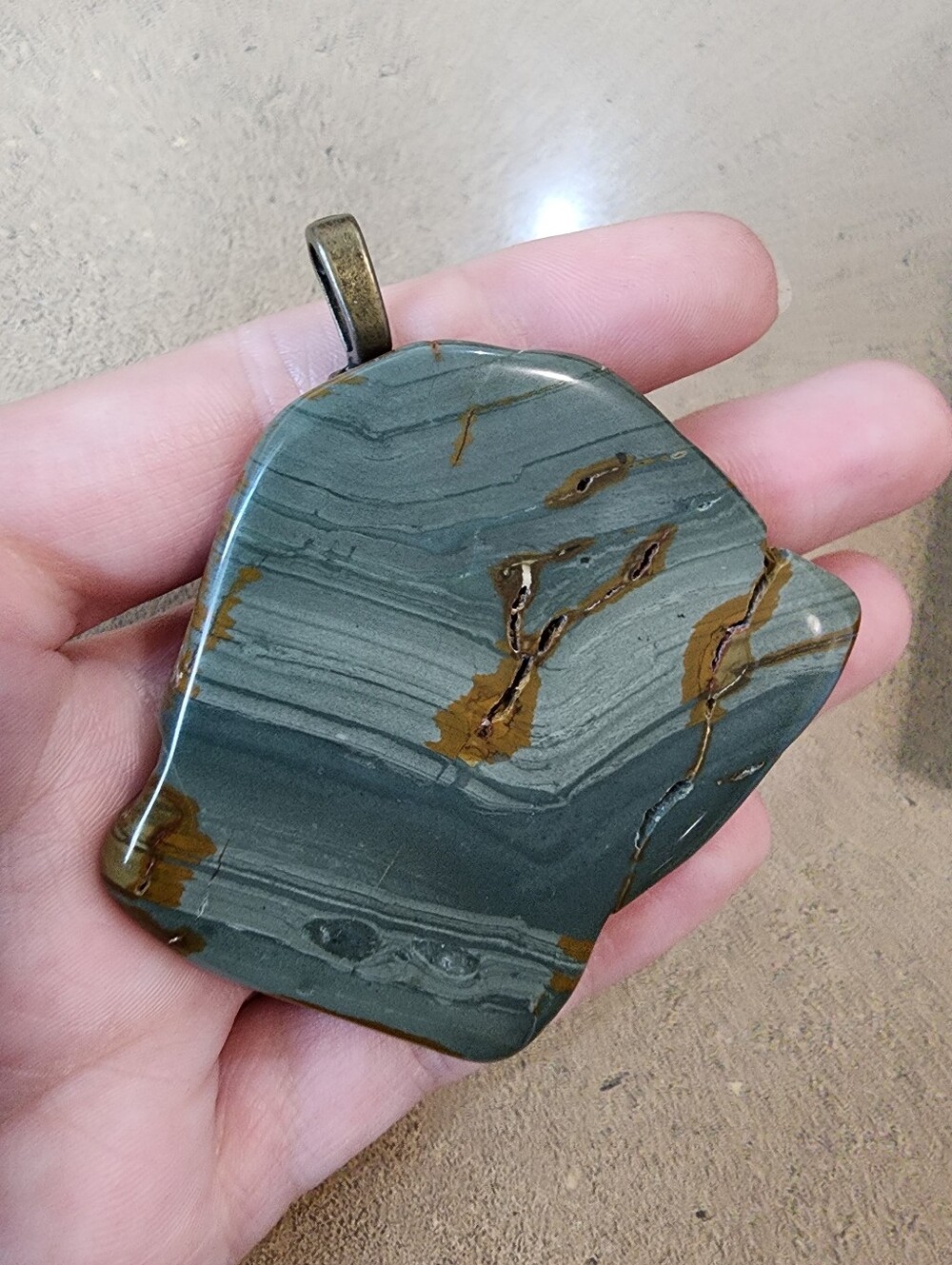 Polished Stone Pendant in Green and Brown
